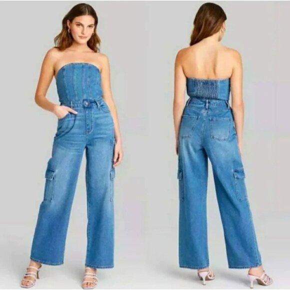 wild fable Pants - Wild Fable Womens Denim Tube Strapless Cargo Jumpsuit Size Medium Blue SP EXC